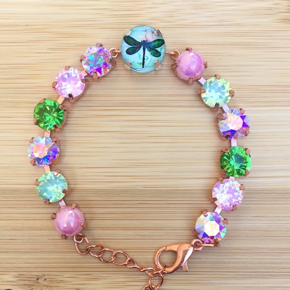 Pink Opal Aurora Borealis + Peridot Dragonfly Charm Crystal Tennis Bracelet - Picture 7 of 16